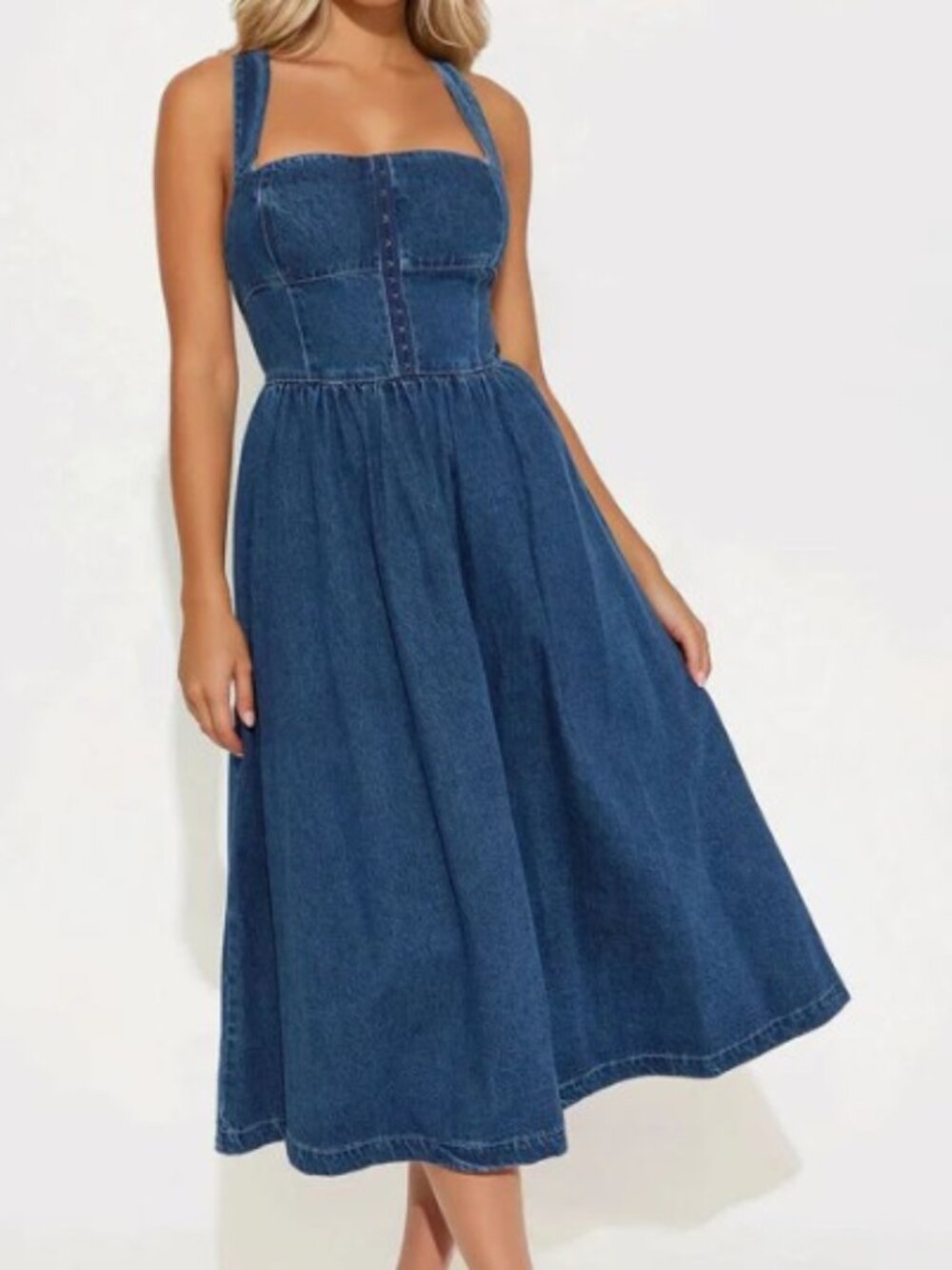 Denim Midi Sundress with Square Neck